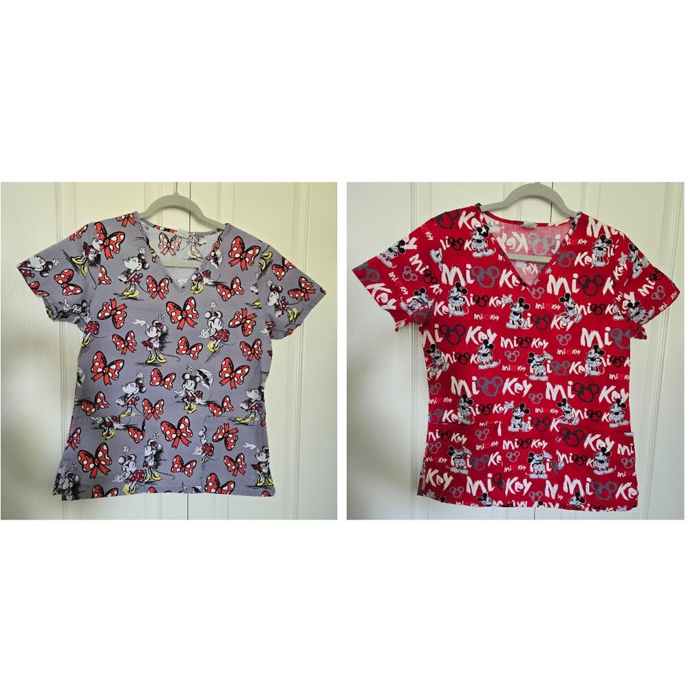 Pair of Disney Mickey and Minnie Mouse scrub Tops
